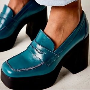 Free People Zoe Leather Platform Loafers Teal